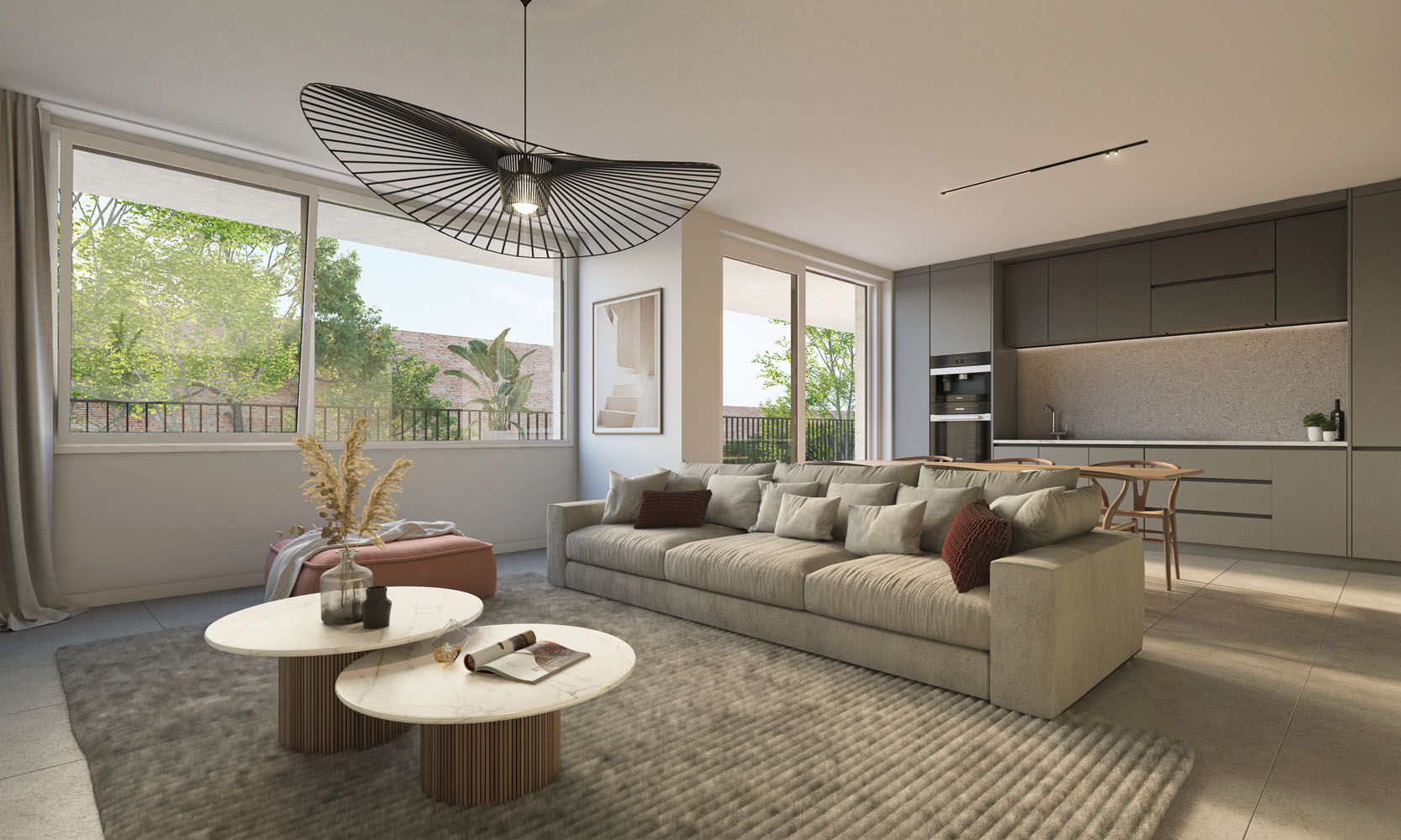 Bostoen lichtrijke nieuwbouwappartementen Vorst Residentie Paville render leefruimte