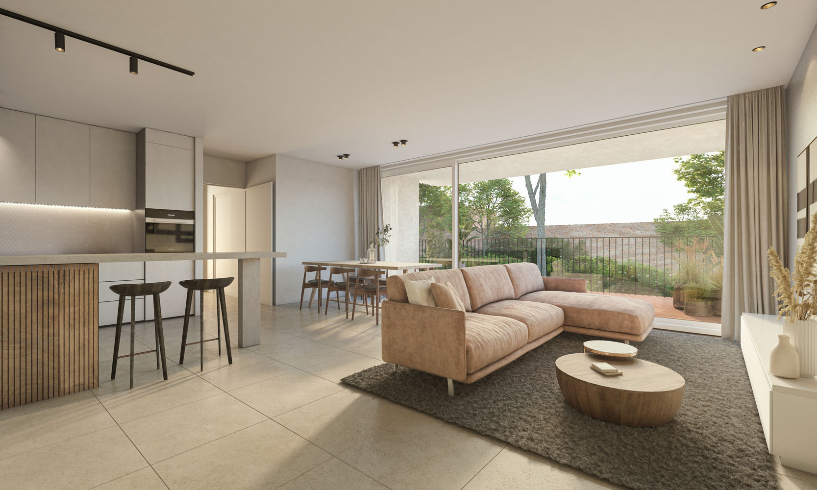 Bostoen lichtrijke nieuwbouwappartementen Vorst Residentie Paville render leefruimte