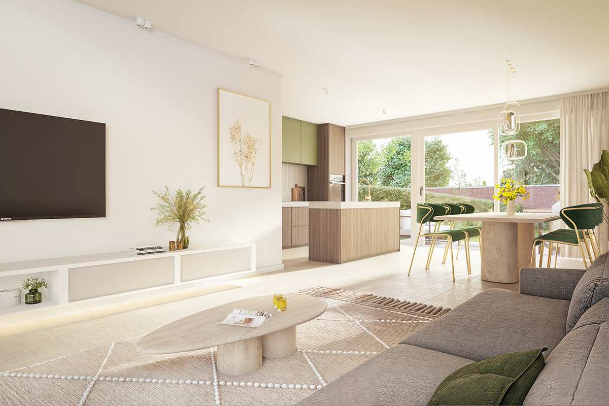 Bostoen Aarsele Hof Delmeren energiezuinige nieuwbouwwoningen render leefruimte