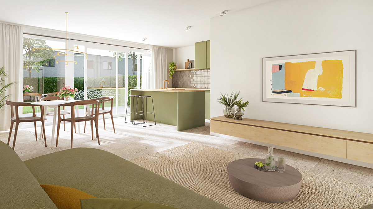 Bostoen Hof Pattyn in Astene nieuwbouw energieneutrale gezinswoningen render interieur leefruimte
