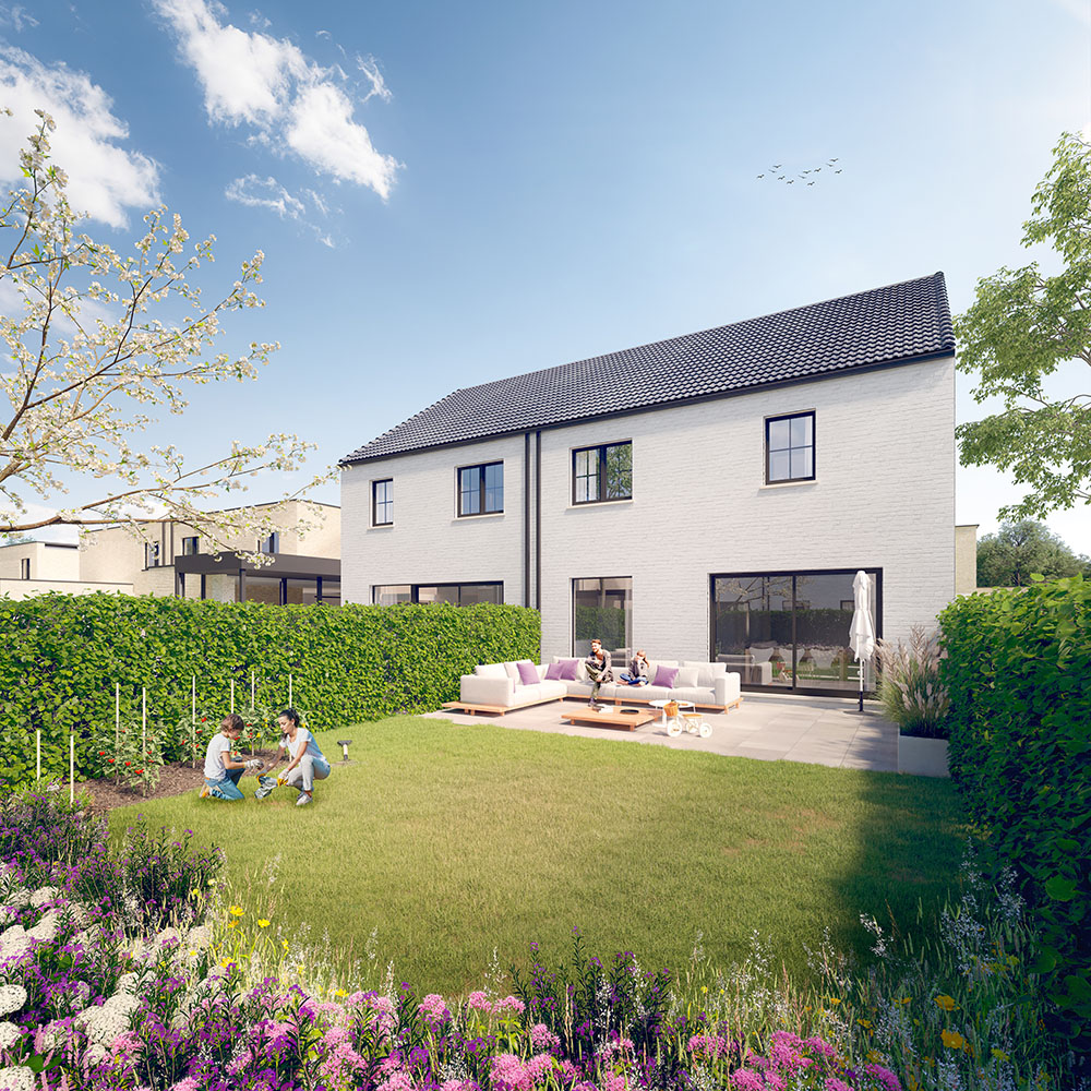 Bostoen Hof Pattyn in Astene nieuwbouw energieneutrale gezinswoningen render tuin