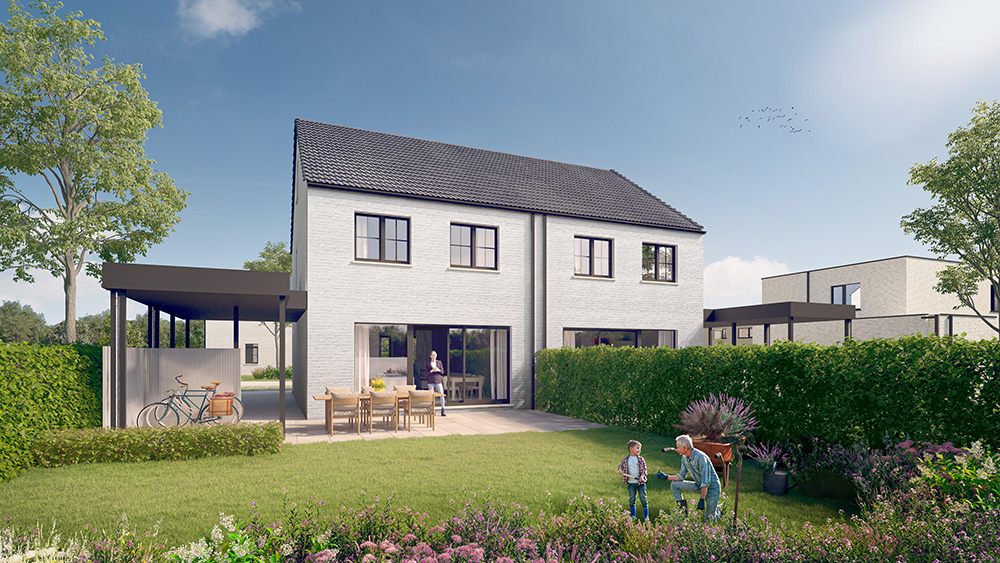 Bostoen Hof Pattyn in Astene nieuwbouw energieneutrale gezinswoningen render tuin